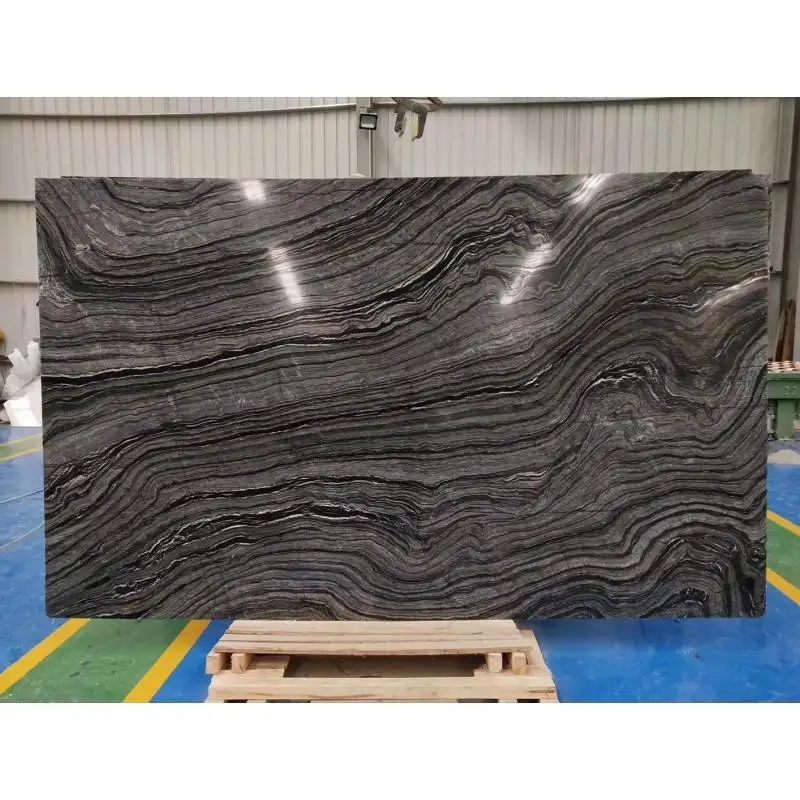 SHIHUI China Supply Cheap Ancient Wood Veins Grain Natural Marble Flooring Tile Slab Zebra Black Stone For Home Decoration