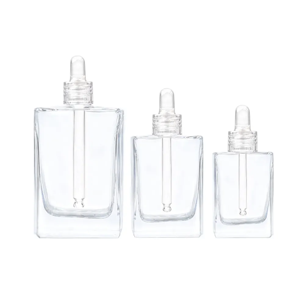 Welllive forma quadrada 30ml 50ml 100ml vidro transparente frasco conta-gotas soro óleo essencial com tampa transparente de borracha