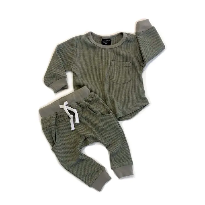 Yenidoğan bebek Waffle örgü 2 adet kıyafet bebek boys gömlek ve pantolon gelen ev giyim setleri