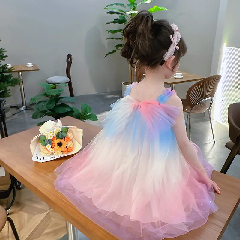 Ins Rainbow Colors Tutu Girls Vestidos de verano Bow Lace Baby Girl Princess Dress