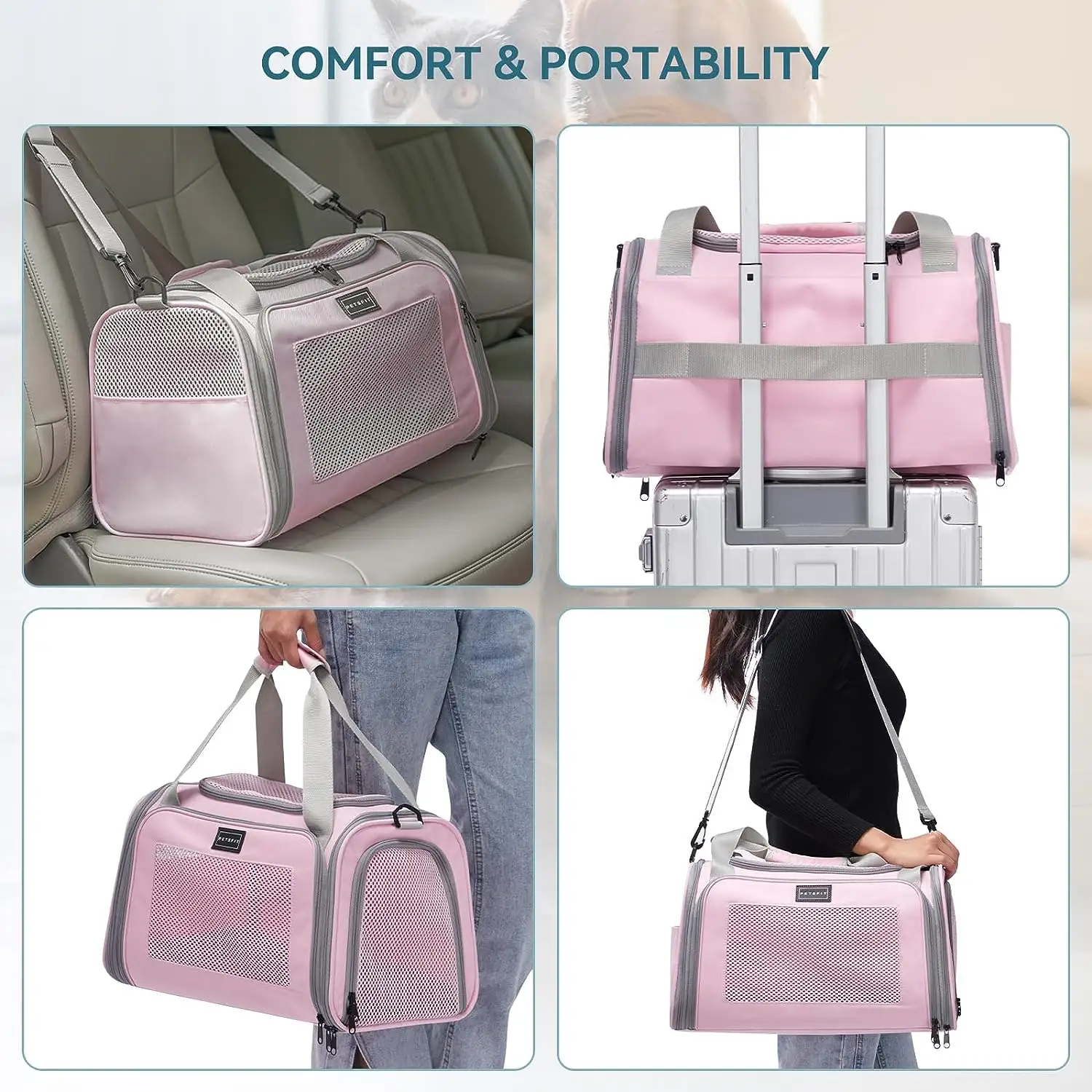 개와 고양이를위한 사용자 정의 핑크 면 애완 동물 캐리어 가방 귀여운 인쇄 모델 번호 고양이 여행 캐리어 쉬운 운반 가방