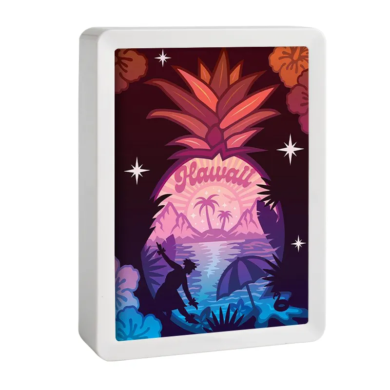 Hawaii Scenery Paper Cut Licht box Ananas förmige 3D-Schattenbox 3D Led Magic Artistic Paper cut Shadow Frame Lights