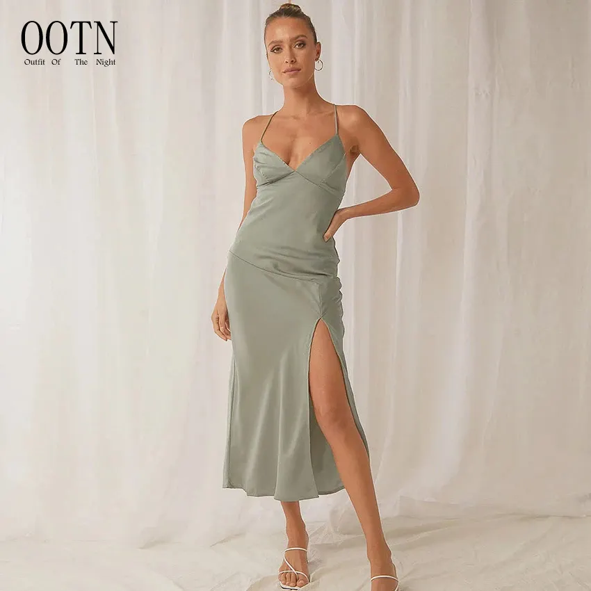 OOTN Evening Party Split Camisole Dresses Ladies 2021 Summer Sexy Corset Sundress Lace-Up Backless Midi Women Satin Dress
