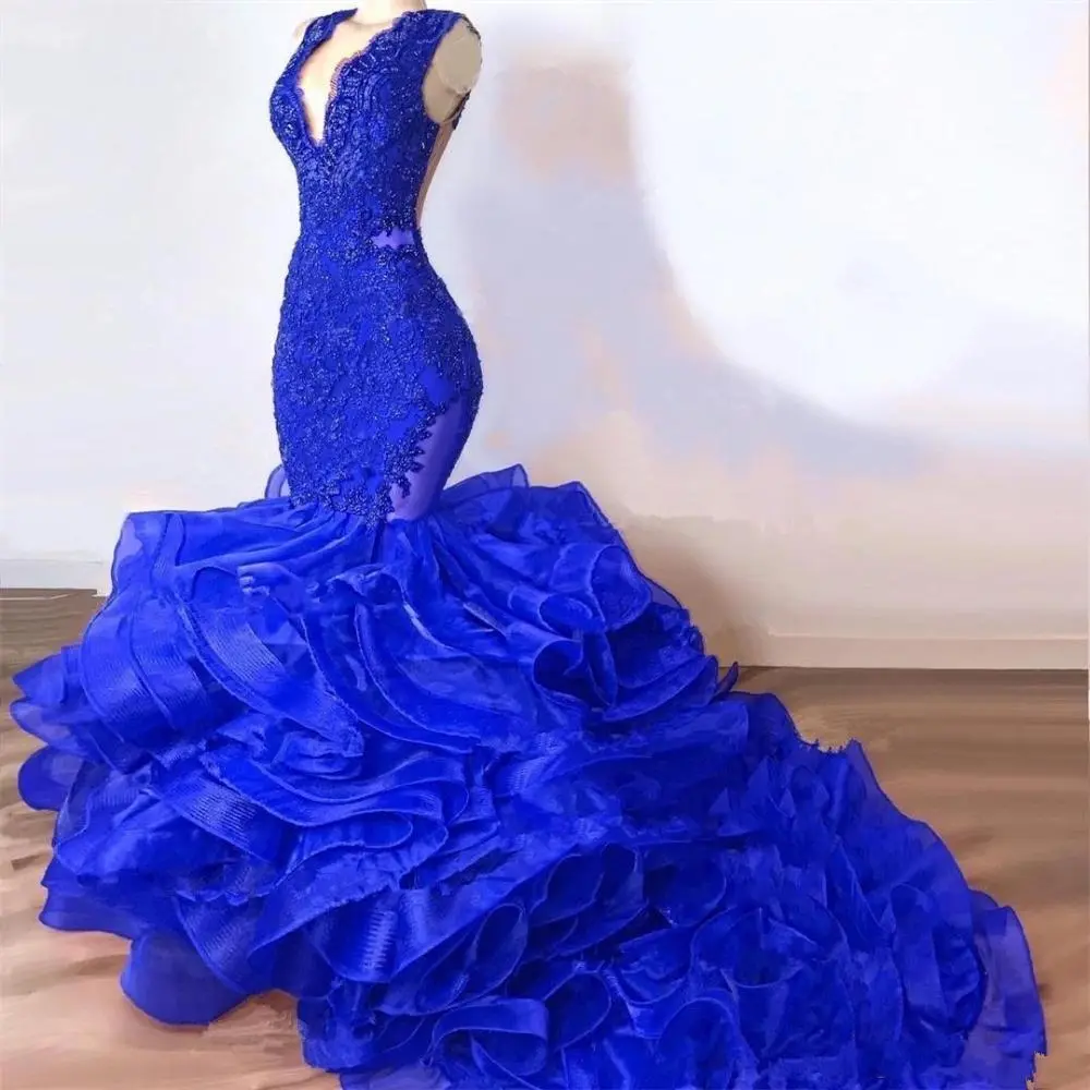 Vestido de baile de sereia, azul royal, frisado, decote em v profundo, aplique formal, com trem camada, de organza, para noite