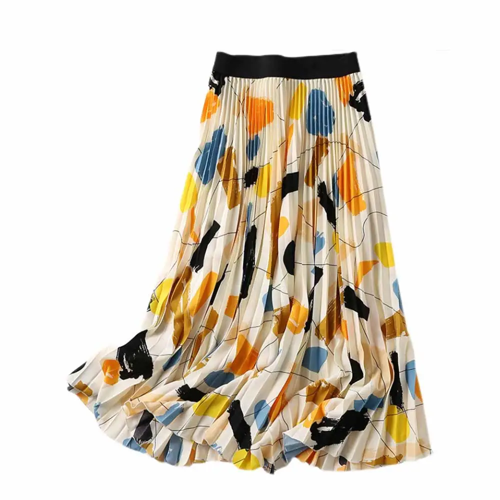 Женская плиссированная юбка средней длины, Элегантная черная юбка с высокой талией и принтом в Корейском стиле на лето, VD3099