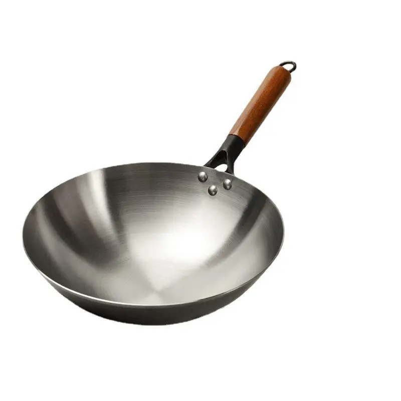 Panela Wok Metal Chinesa com Punho De Madeira Mão Martelo Aço Carbono Wok Pan