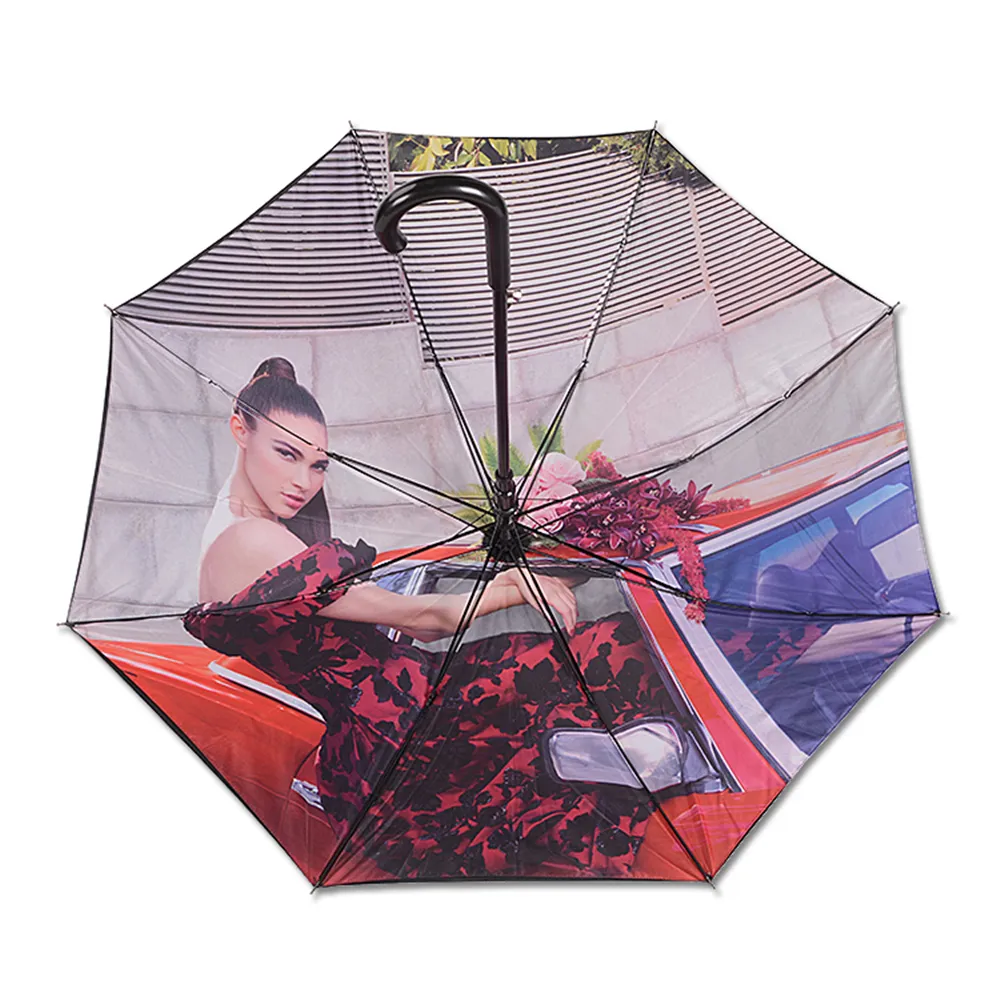 Custom photo inside full color printed OEM two canopy straight umbrella with 14mm black coated steel shaft