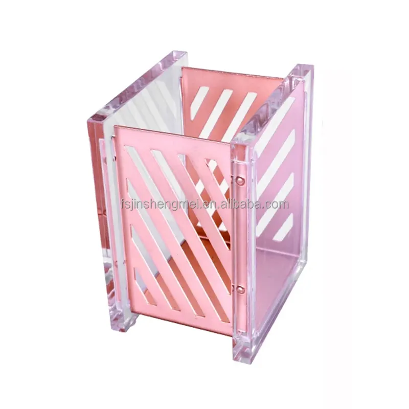 Boîte de rangement de bureau de luxe Transparent acrylique sculpté rose métal porte-stylo organisateur fait à la main Cube cadre support pour bureau