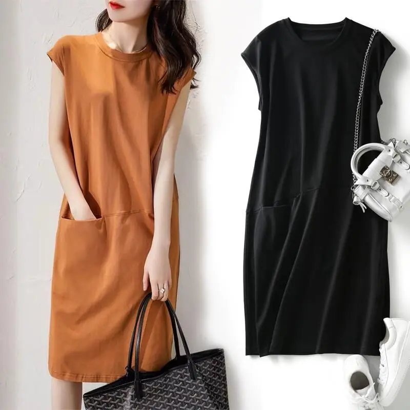 Vestido tipo camiseta para mujer, prenda holgada y fina, de longitud media, versión coreana, para verano