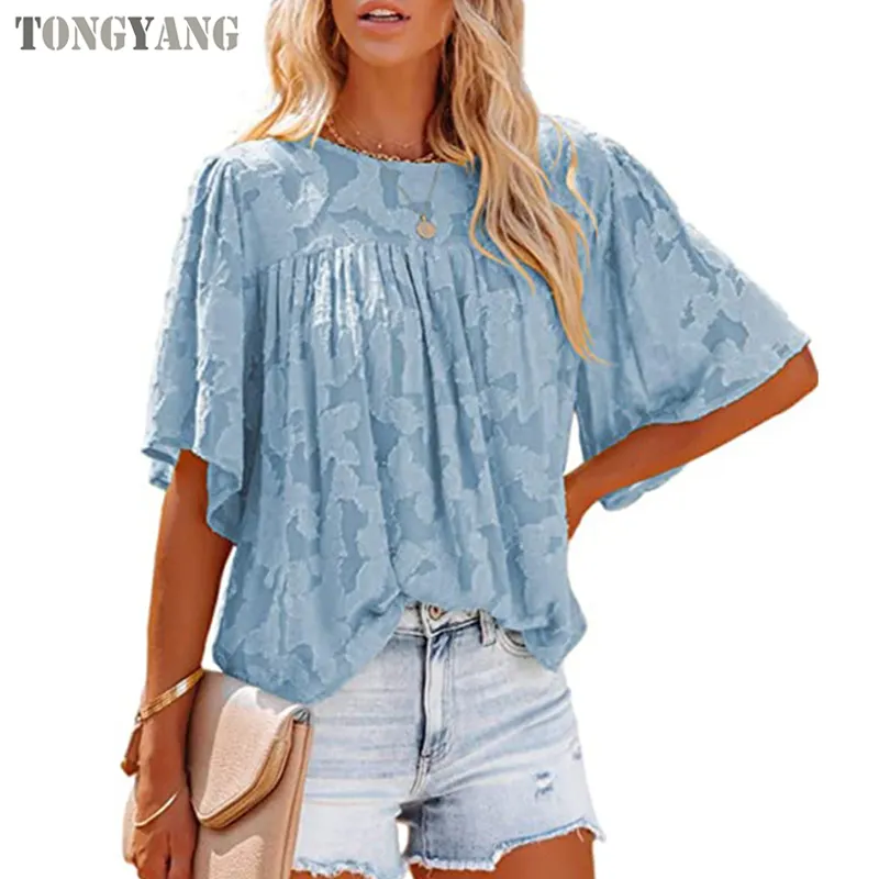 TONGYANG Hochwertige Spitze Hollow Out Flare Sleeve Sommerkleid ung Damen Tops Modische Damen Blusen & Shirts