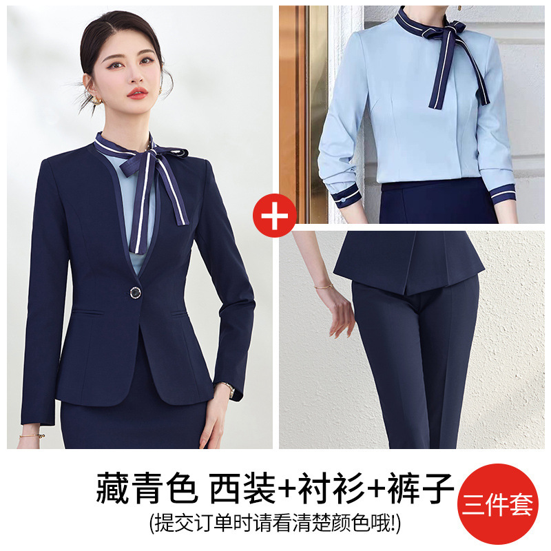 Navy blue suit trousers and shirt