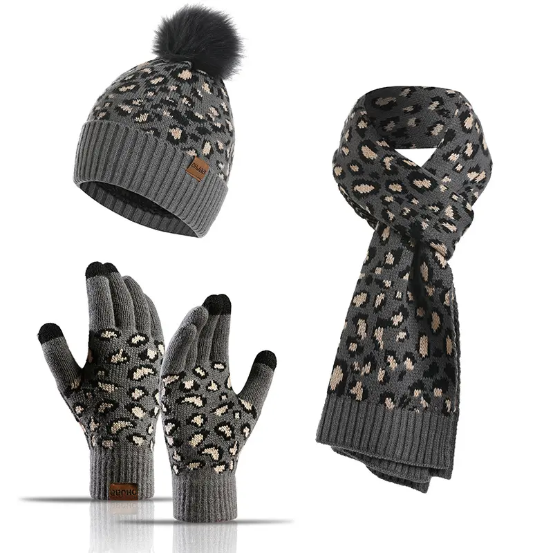 Conjunto de bufanda y sombrero de punto y guantes con pantalla táctil para mujer, conjunto de gorros y bufandas con pompones para invierno, 3 uds.