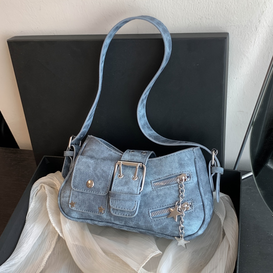 Chic Women's Y2K PU Denim Blue Casual Handbag with Rivet