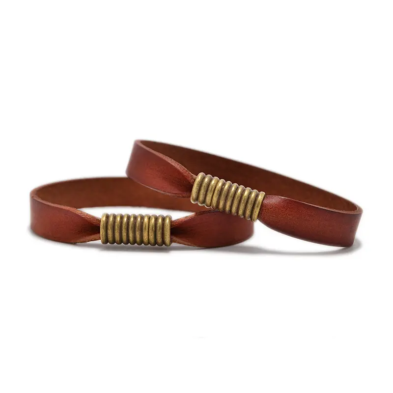 Nuovo arrivo a buon mercato fatto a mano coppia gioielli Vintage piatto marrone vera pelle braccialetto chiusura magnetica braccialetto in pelle