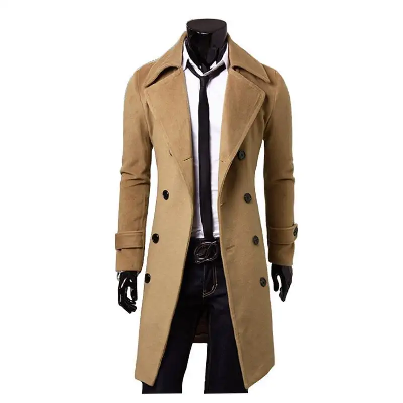 Novos homens double breasted nylon trench coat, comprimento médio moda slim fitting jaqueta de lã casual