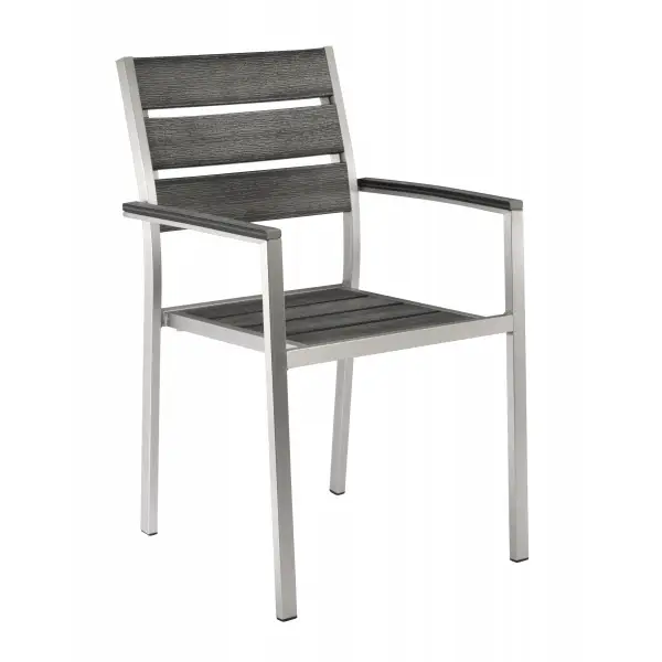 Al Aire Libre cepillado marco de aluminio anodizado plástico asiento de madera Bistro comedor silla con brazo con uso comercial