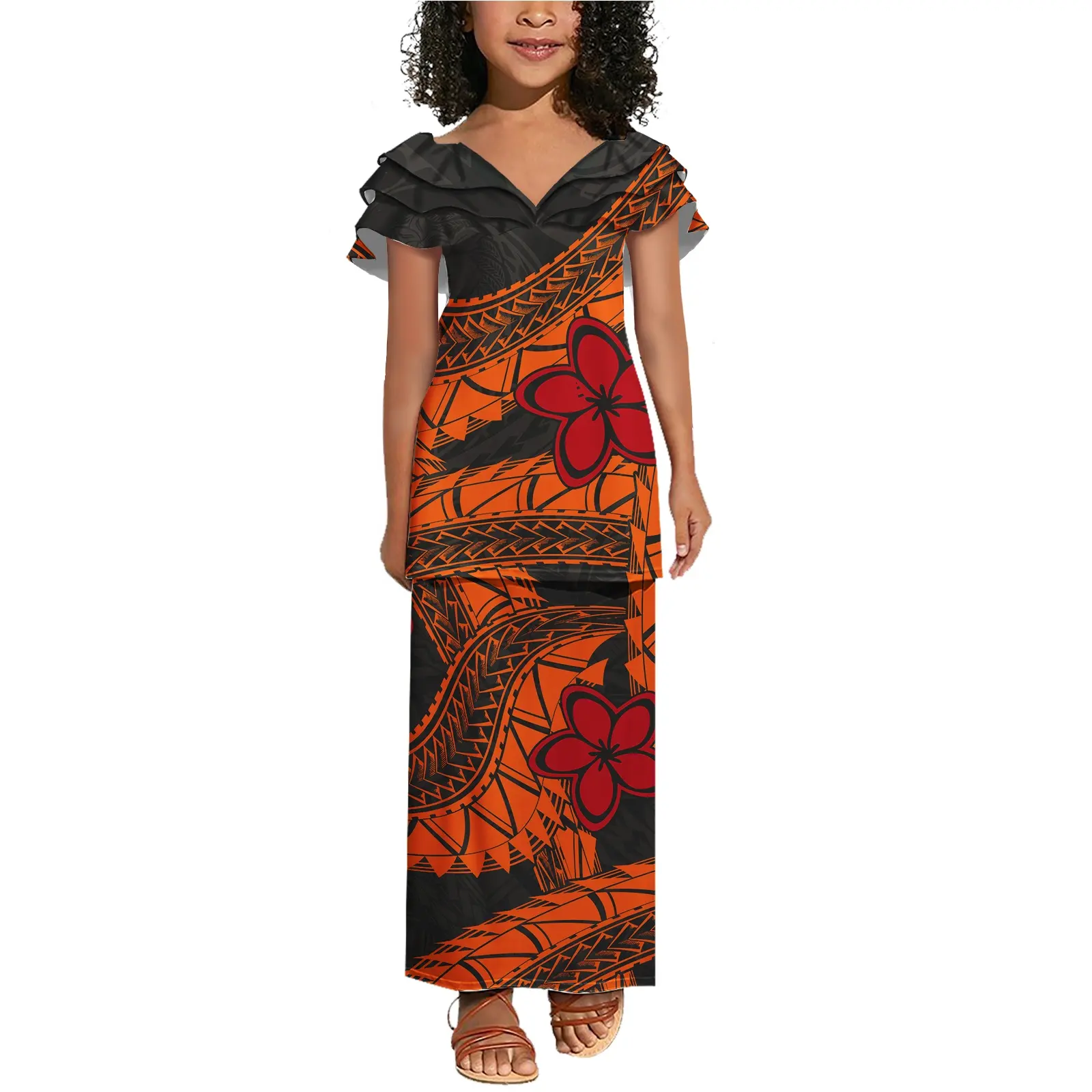 Conception tribale polynésienne imprimé décontracté vêtements pour enfants grande taille col à plusieurs niveaux haut et jupes 2 pièces ensemble Puleatsi filles robe