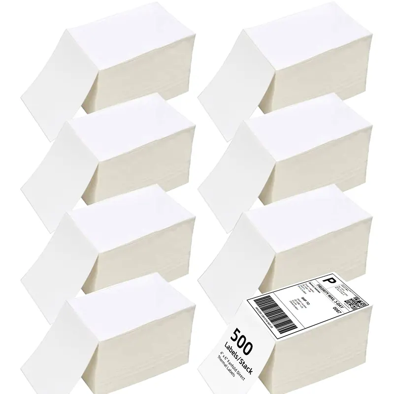 Venta al por mayor Fanfold Waybill pegatina directa térmica impermeable Etiqueta de papel térmico A6 100x150 4x6 tamaño para envío Tipo Adhesivo