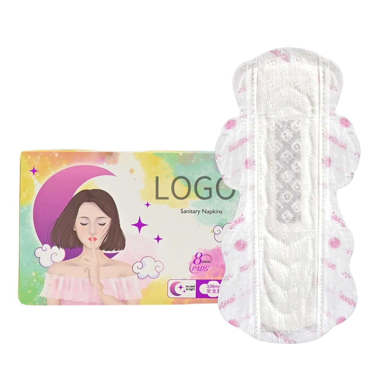 Toallas sanitarias femeninas de etiqueta no privada personalizadas de fábrica Almohadillas sanitarias de algodón transpirable para mujeres durante el período menstrual