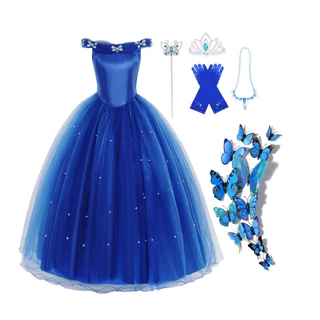 Disfraces de fantasía para niña, disfraces de escenario para niña, vestido de princesa azul de belleza, Cind, fiesta de Cosplay, mariposa