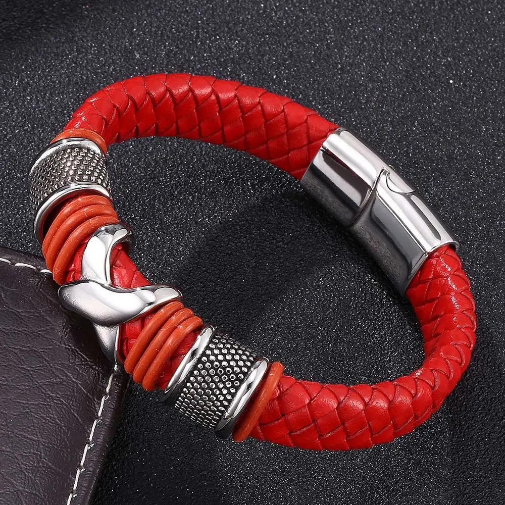 Mode Herren Accessoires Rot Geflochtenes Leder Armband Herren Schmuck Magnet verschlüsse Edelstahl Persönlichkeit Armband Frauen