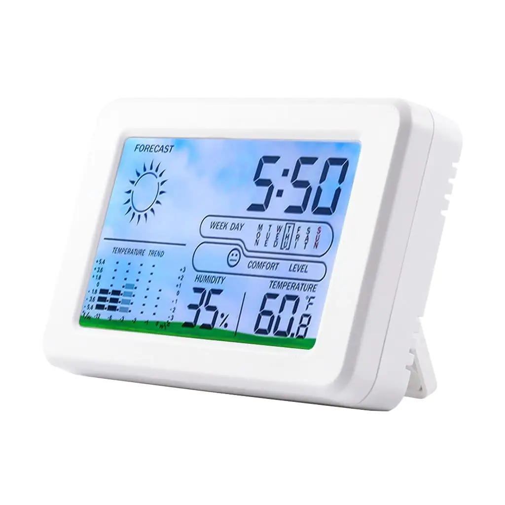 2024 popular termômetro higrômetro retroiluminação LCD digital temperatura despertador a pilhas com estação meteorológica