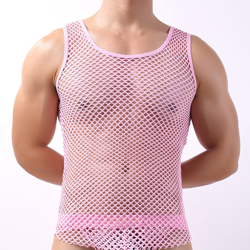 Pink mens fishnet tank top vest