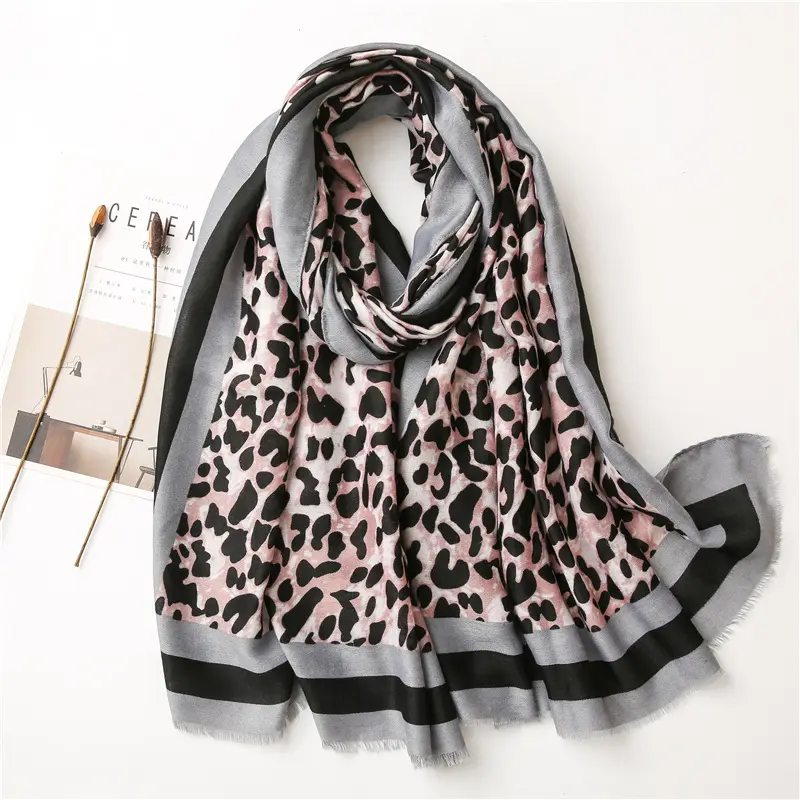 Heißer Verkauf Leopard Muster Schal Mode Weiche Lange Grau Grenze Schal Frauen Baumwolle Leinen Schal Schal