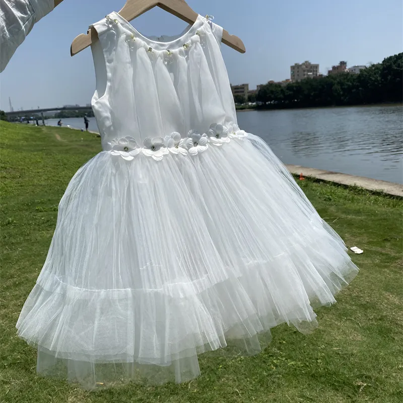 Vestido de encaje con lazo y cuentas para niñas, ropa de fiesta para niños, vestidos de novia blancos para princesa de Ángel, venta al por mayor, nuevo diseño