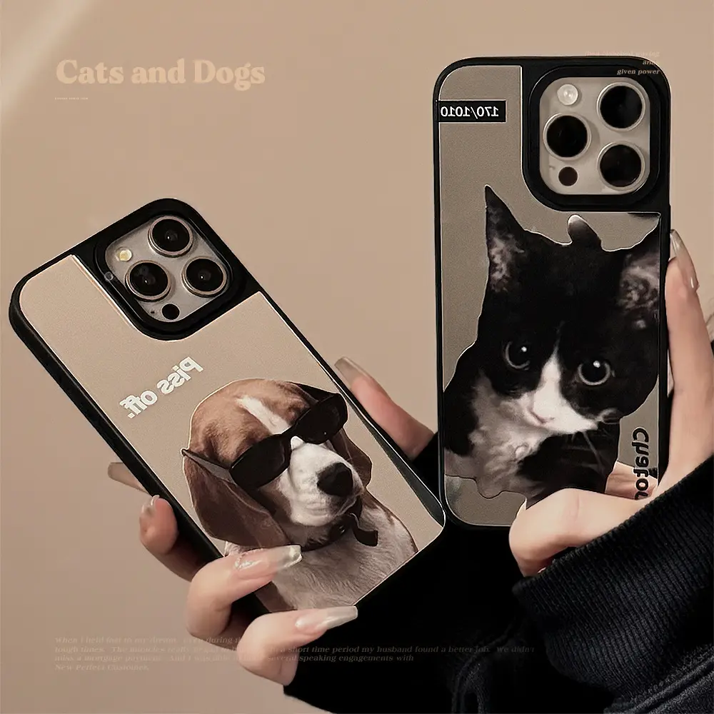 Funny cute cat and dog mirror phone case for iphone 13 14 15 Pro Max back Cover case
