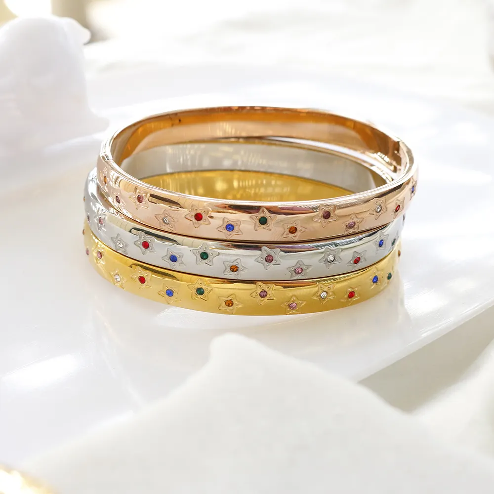 Brazalete de estrella de circón cúbico colorido minimalista, joyería de acero inoxidable resistente al agua, 18K PVD chapado en oro