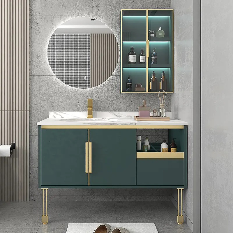 Armario lateral de estilo moderno verde con lámpara de inducción, tocador de baño, armario de baño de madera