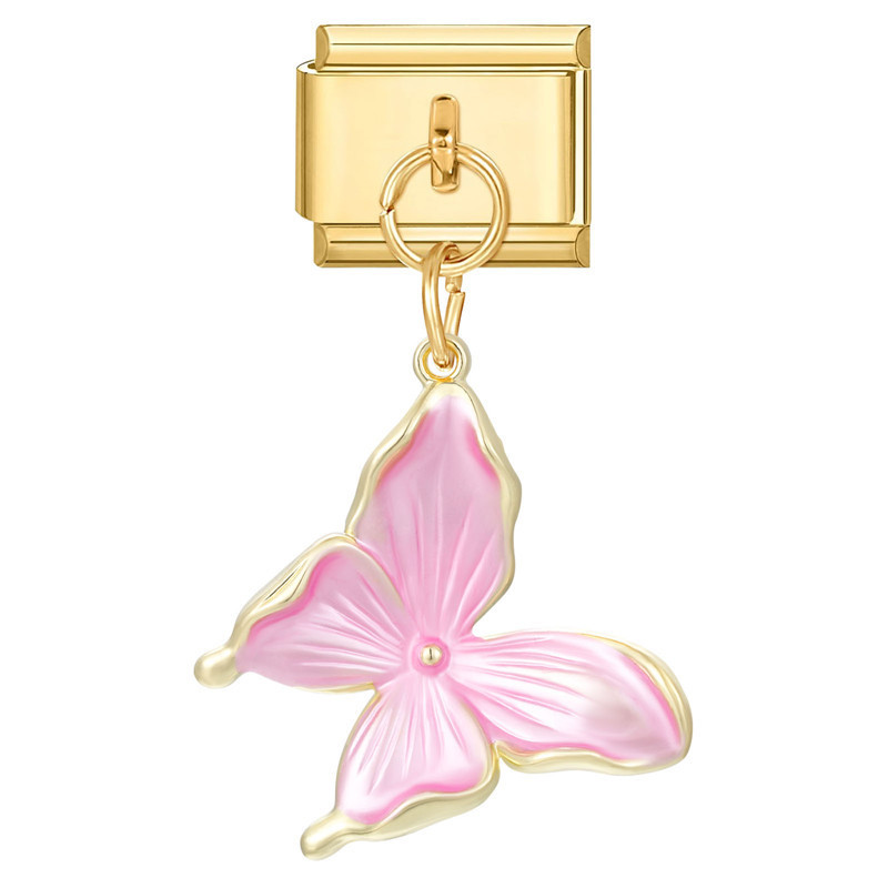 Pendentif fond doré-papillon rose