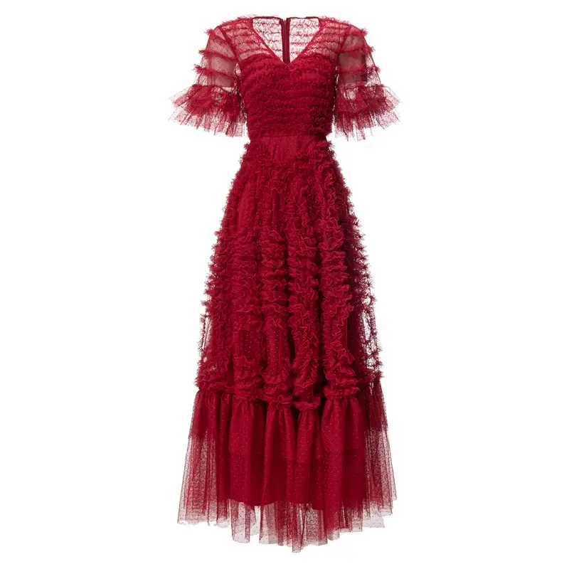 Rouge bleu dentelle longue robe 2024 printemps été robe de soirée de mariage pour les femmes col en v en cascade à volants dentelle maille Maxi robe robe XXXL