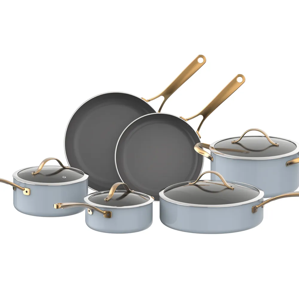 Juego de utensilios de cocina de aluminio de 10 Uds., juegos de utensilios de cocina antiadherentes, ollas y sartenes azules claras, juego esencial de Cocina de Inducción con mango de Pvd