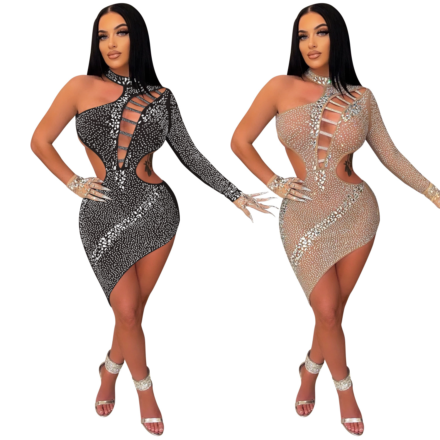 Hot Selling One Shoulder Long Sleeve Sexy Dress Summer Hollow Out Rhinestone Decoration Women Irregularity Club Dress