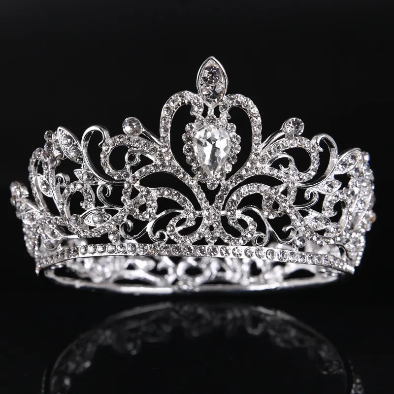 Tiaras caladas con forma de amor de diamantes de imitación grandes, coronas de desfile redondas plateadas para reina de belleza, accesorios para el cabello de novia de Metal, boda