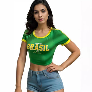 Yeni varış kadın brezilya mektup baskı grafik Tees yaz kısa kollu <span class=keywords><strong>V</strong></span> boyun mahsul t-shirt Tops