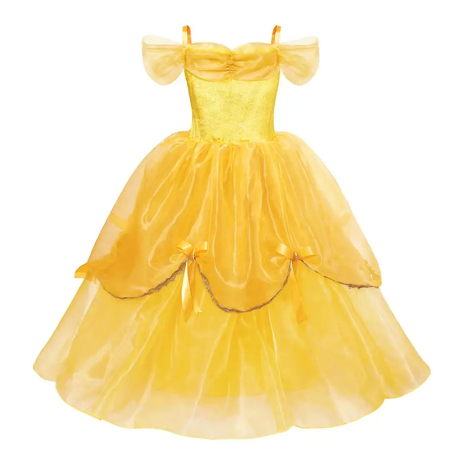 Beauty and The Beast Princess Belle Dress For Girl Gorgeous Yellow Frock For Formal Party Kids Summer Party Outfits Ball Gown