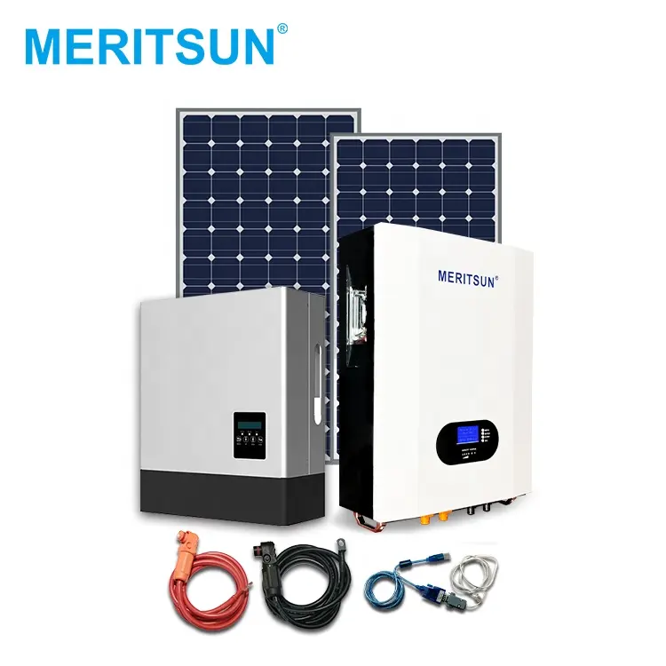 Batería meritsun de 48V, 200Ah, 10kW, sistema de batería Lipo LiFePO4 con inversor híbrido de encendido y apagado de red, paneles solares