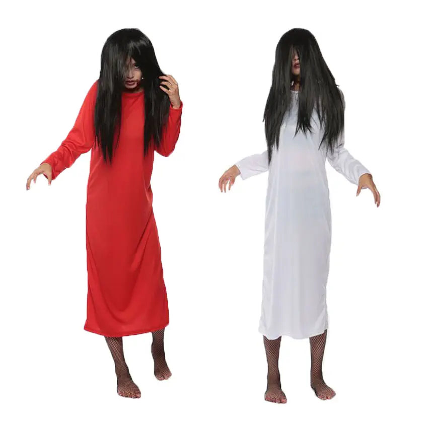 Vestido de talla grande para mujer, vestido blanco, rojo, liso, para Halloween, disfraz aterrador con peluca, bata de Terror para novia