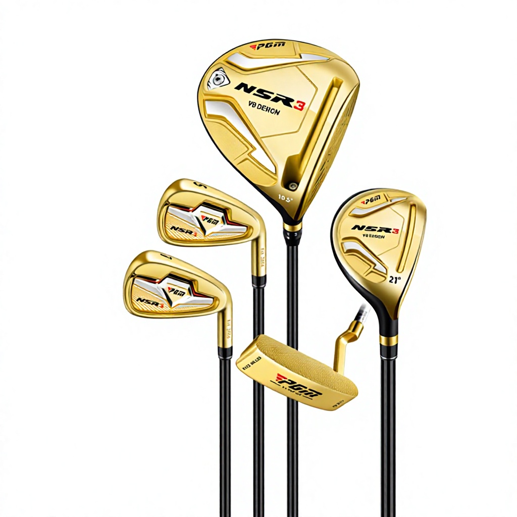 Juego de golf dorado de 5 palos - Palos con eje dorado en "R" - Bolsa para palos.