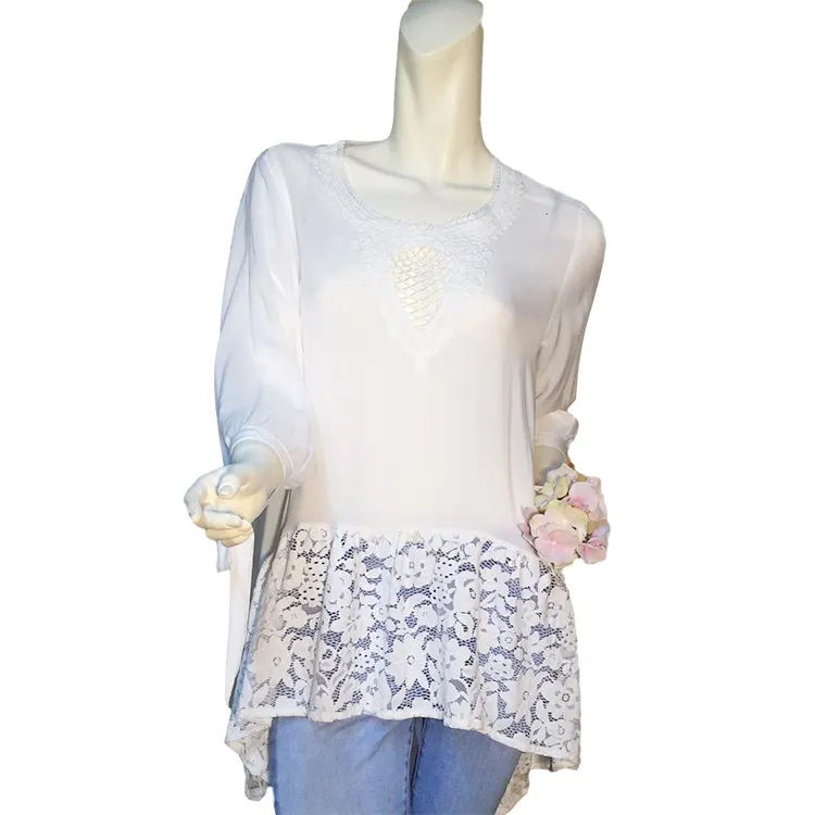 O-Neck lace decoration simple women white plain shirt and top