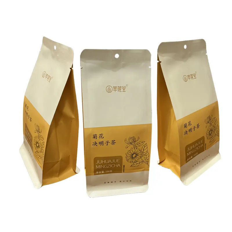 Stand up Pouch Customized Printed Resealable Food Grade Ziplock Doypack Moisture-Proof Kraft Paper Tea Bag with Tear Notch