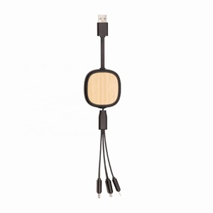 多功能环保竹子3合1快速USB充电器电缆1米可伸缩多充电线 - Product Image 1