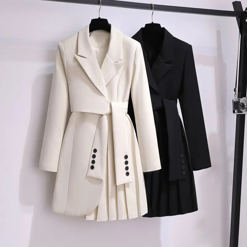 Factory Wholesale Women's Long Sleeve Suit Dress Office Lady Loose Mid- Waist Lapel V-Neck Women's Casual Dress