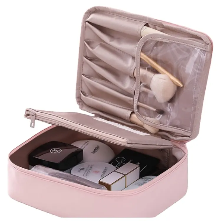 Bolsas de cosméticos con Cremallera de nailon de lujo personalizadas al por mayor, bolsas de almacenamiento portátiles rosas, bolsa de maquillaje de viaje impermeable 2024