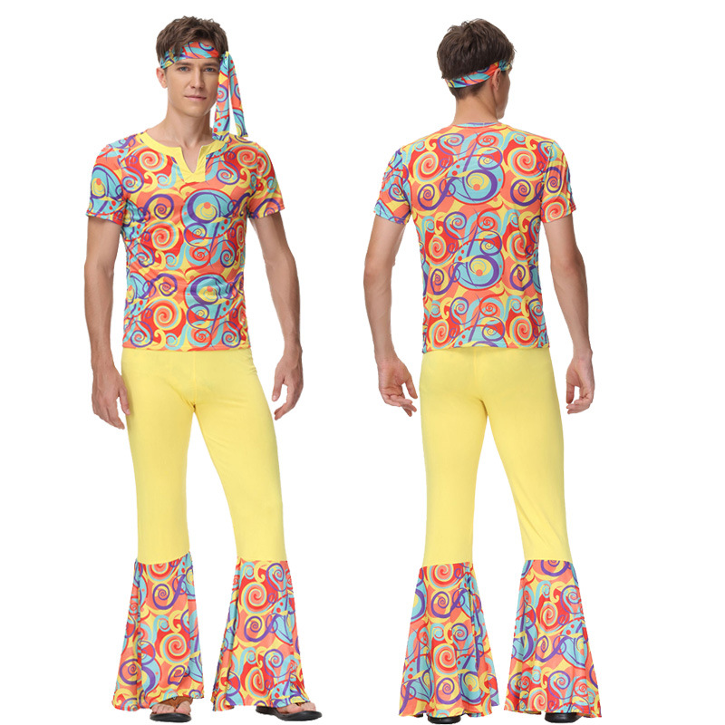 Costumes Disco Homme Jaunes, Ensembles Pantalons Hippie