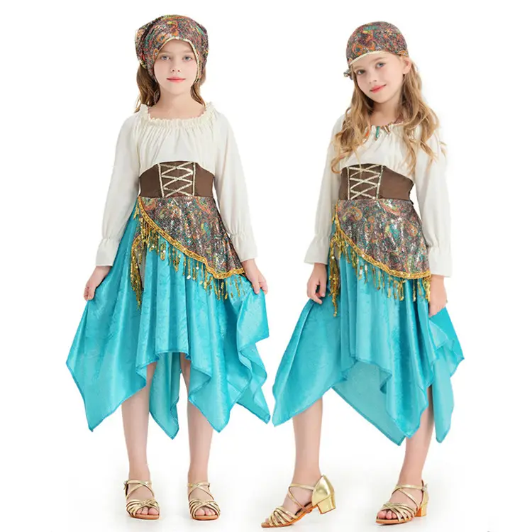 Carnival Cosplay Children Flamenco Costume Gypsy Girls Sky Blue Irregular Hemline Sequin Strap Dance Dress