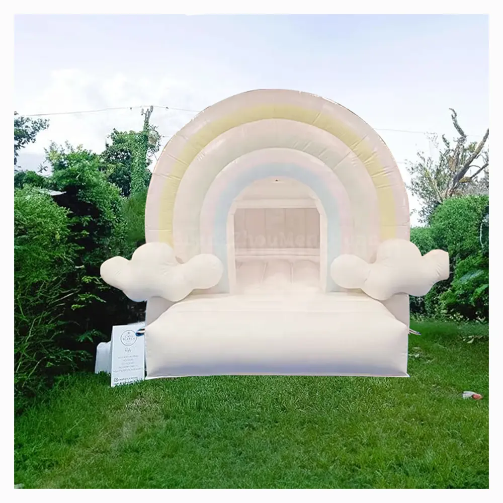 Casa inflable colorida de rebote de arcoíris con soplador de nubes, duradera, fácil de configurar para bodas y fiestas de cumpleaños